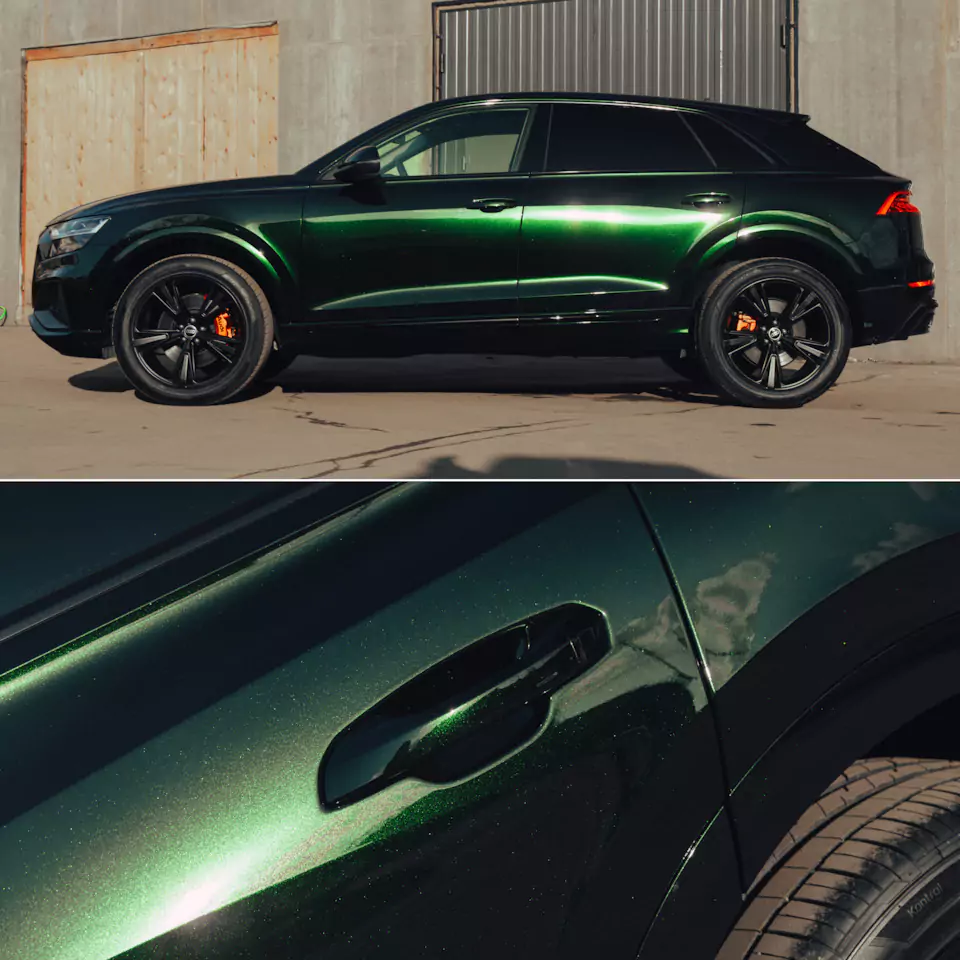 Месяц работы над новым Audi Q8, который 2 года простоял в Дубае! Оклейка в цветной полиуретан с проемами, окрас дисков и фирменный шиномонтаж, окрас суппортов в candy с лого, антихром, детейлинг